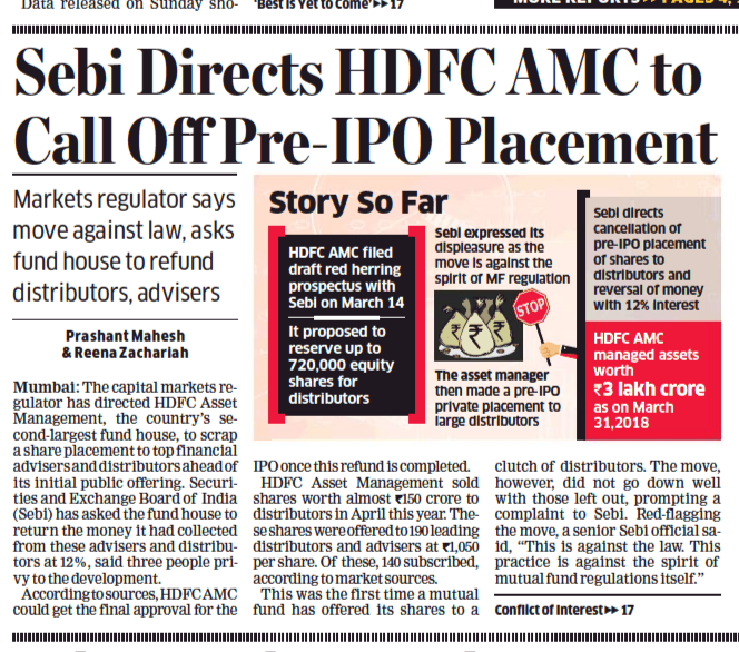 Mutual Funds - SEBI Directs HDFC AMC To Call Off Pre-IPO Placement